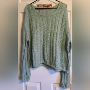 Free People Green Cable Knit Crew Neck Sweater